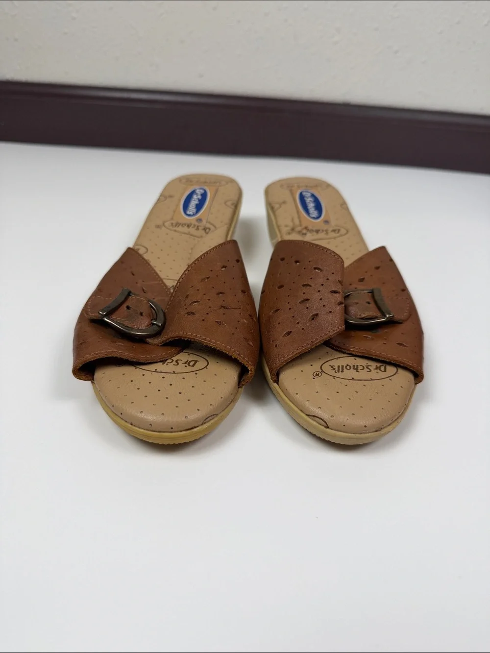 Dr. Scholl’s Brown Leather Sandals Women 8.5 Comfort Buckle Mules Casual Slip On